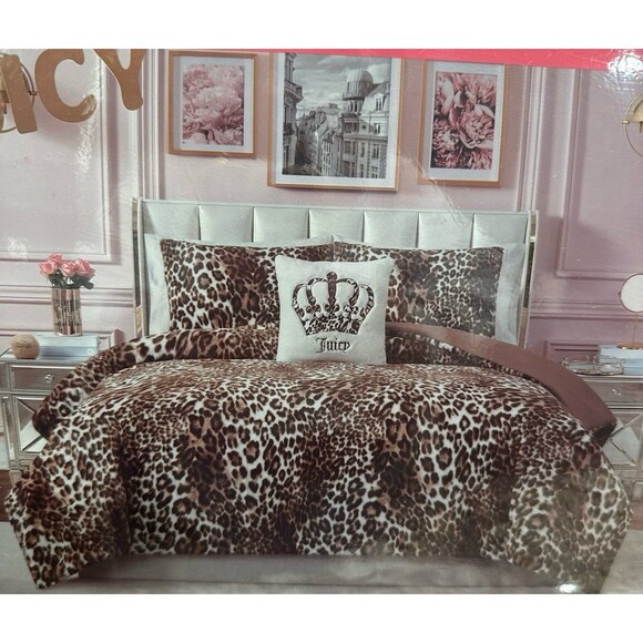 Juicy Couture Brown Leopard Comforter Set, 4 piece Faux Fur Bed Set, Queen - Picture 1 of 5